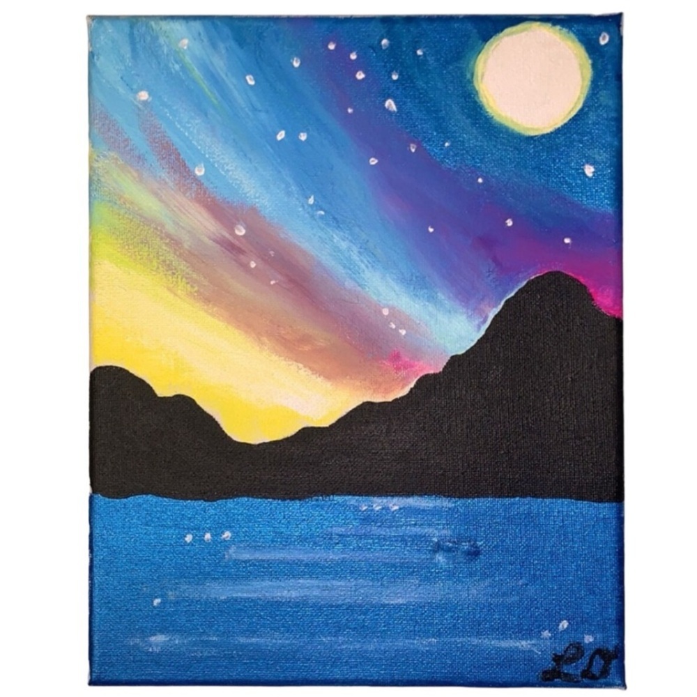 Northern Lights Mountain Over Water Acrylic Canvas Painting Wall Decor 9’’x 11’’